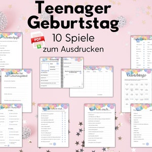 Könnte beinhalten: Ein druckbares Set mit 10 Spielen für eine Teenager-Geburtstagsparty. Die Spiele beinhalten "Selfie Schnitzeljagd", "Wunsche fur das Geburtstagskind", "What's on your Phone", "Hast du schon mal...", "Wer von euch...", "Lieber dies oder das?", "Gastebingo".