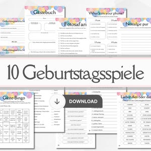 Puede incluir: Un conjunto de 10 juegos de fiesta de cumpleaños imprimibles con ilustraciones de acuarela de globos. Los juegos incluyen "What's on your phone?", "Nostalgie pur", "Fotosafari", "Gäste-Bingo", "Lieber dies oder das?" y "Gästebuch".