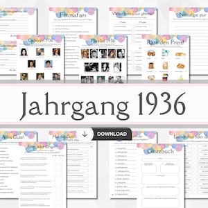 May include: A set of printable party games with a vintage theme. Games include "Geburtstagswünsche", "Fotosafari", "What's on your phone?", and "Nostalgie pur". The title "Jahrgang 1936" is displayed in a large font.