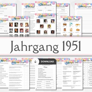 Könnte beinhalten: Eine Sammlung von druckbaren Party-Spielblättern mit dem Titel "Jahrgang 1951" in großen Buchstaben. Die Blätter enthalten verschiedene Spiele und Aktivitäten, wie "Playlist 1951" und "Rate den Preis!" mit bunten Aquarell-Ballon-Akzenten.