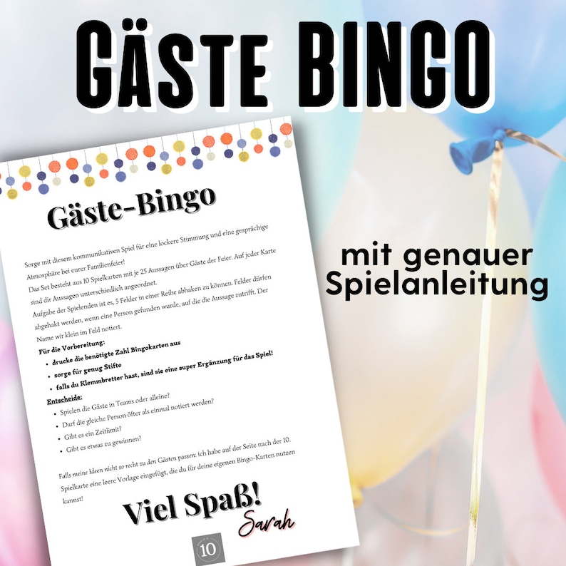May include: A printable game card with colourful circles at the top and the text "G&auml;ste Bingo" in bold black letters. The card includes instructions for a party game with the text "mit genauer Spielanleitung" in bold black letters.