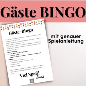 May include: A printable bingo card game with colorful circles at the top and the title "G&auml;ste Bingo" in black text. The text "mit genauer Spielanleitung" is in black text at the bottom right corner of the card. The text "Viel Spa&szlig;!" is in black text with a red exclamation point. The text "Sarah" is in black text below the exclamation point. The number "10" is in black text below the word "Sarah".