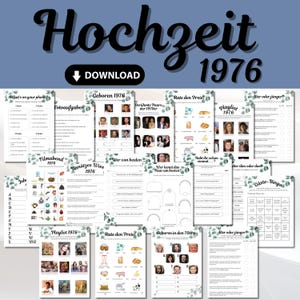 Könnte beinhalten: Eine Sammlung druckbarer Hochzeitsspiele mit Vintage-Thema. Die Spiele umfassen Quiz, Bingo und Foto-Challenges, alle mit dem Thema 1976. Das Design zeigt einen blauen Hintergrund mit dekorativen floralen Elementen und dem Wort "Hochzeit".