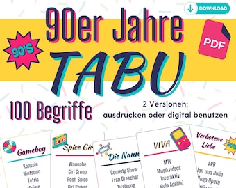 Tabu 90er Jahre zum Ausdrucken, 30er Geburtstag Spiele, 30. Geburtstag Spiele Mann Frau, Party Spiel 30. Geburtstag Tabu, Party Spiele 90er