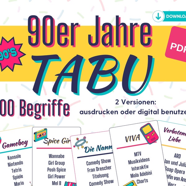 90er Jahre Tabu zum Ausdrucken PDF, 90er Party Spiel, 90er Motto Party, 90er Nostalgie Spiel, Partyspiel Tabu zum Ausdrucken, 90er Quiz