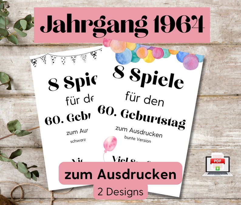 60. Geburtstag Geburtstagsspiele Set zum Herunterladen und Ausdrucken in 2 Designs: bunt und schwarz-weiß