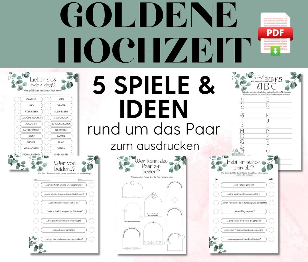 5 Spiele zur goldenen Hochzeit zum Ausdrucken, Spiele Set Ideen goldene