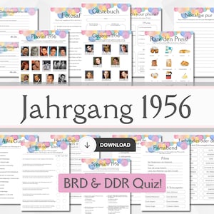 Könnte beinhalten: Eine Sammlung druckbarer Partyspiele mit Vintage-Thema. Die Spiele umfassen Quizfragen, Fotoaufforderungen und Gästebuchseiten. Der Titel "Jahrgang 1956" ist prominent dargestellt, mit dem Text "BRD & DDR Quiz!" darunter.