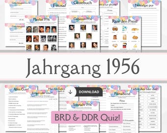 Born in 1956, 70th birthday game set with 15 quizzes and activities to print out, West Germany/East Germany quiz in German for a milestone birthday (PDF).