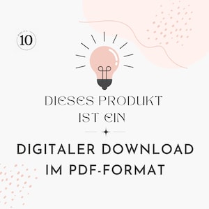 May include: A light bulb graphic with a pink glow and black outline, with the text "DIESES PRODUKT IST EIN DIGITALER DOWNLOAD IM PDF-FORMAT" below it.