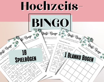 May include: Ten printable game cards for a wedding guest bingo game. The cards have a green and white floral design and the text "Gäste-Bingo" which translates to "Guest Bingo".