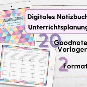 Puede incluir: Un cuaderno digital con un fondo de patrón geométrico. El texto "Digitales Notizbuch Unterrichtsplanung 20 Goodnotes Vorlagen 2 Formate" se muestra en la pantalla.