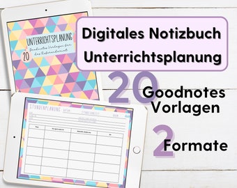 Puede incluir: Un cuaderno digital con un fondo de patrón geométrico. El texto "Digitales Notizbuch Unterrichtsplanung 20 Goodnotes Vorlagen 2 Formate" se muestra en la pantalla.