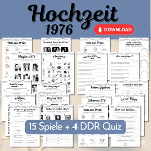 Peut inclure: Ensemble de feuilles de jeu imprimables avec le titre "Hochzeit 1976" et le texte "DOWNLOAD". Les feuilles comprennent divers jeux et quiz, tels que "Rate den Preis!" et "Playlist 1976". Le texte "15 Spiele + 4 DDR Quiz" est également visible.