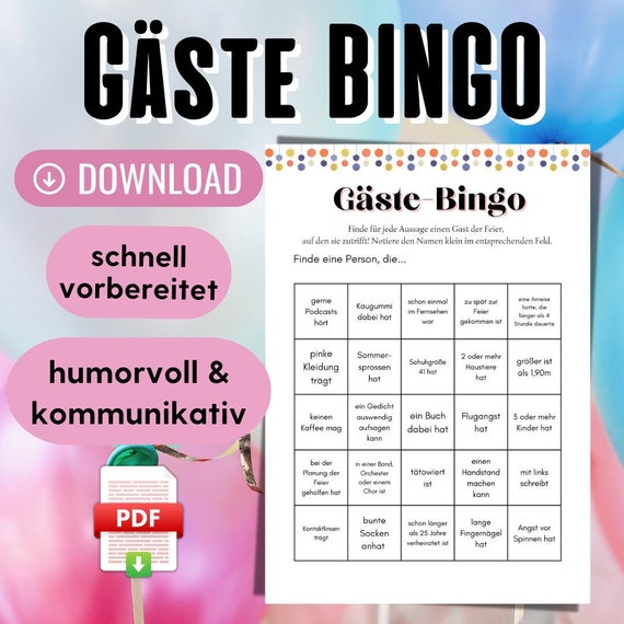 Gästebingo Spiel PDF, Kennenlernspiele Erwachsene, Finde den Gast Bingo Geburtstag zum Ausdrucken, Ideen Geburtstagsfeier Erwachsene, Bingo