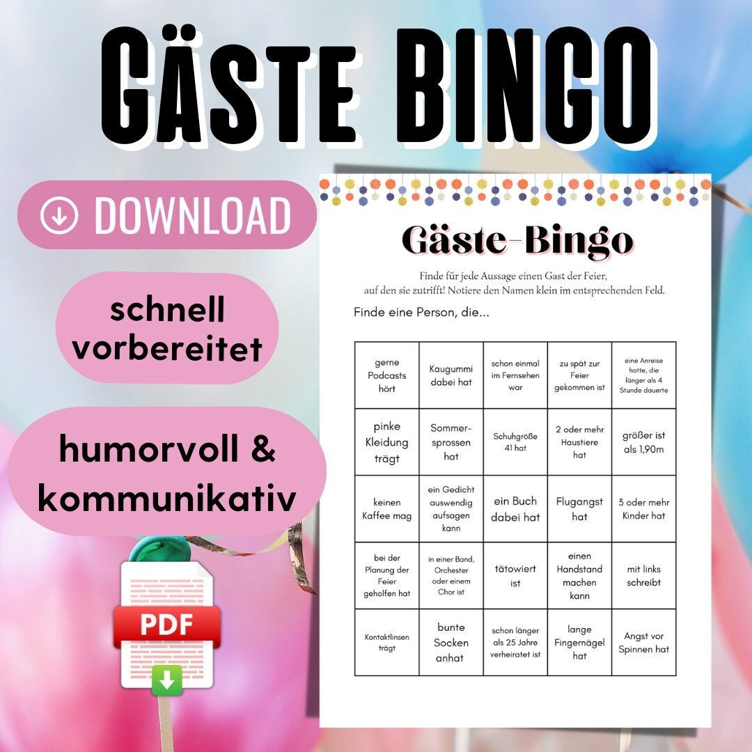 Guest bingo game PDF, get-to-know-you games for adults, find the guest bingo birthday to print, ideas for birthday parties for adults, bingo