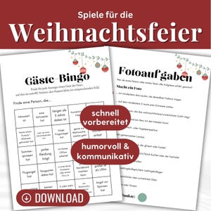Könnte beinhalten: Zwei weiße Papierbögen mit Weihnachts-Partyspielen mit den Titeln "Gäste-Bingo" und "Fotoaufgaben" sowie roten Ornament-Illustrationen. Der Text umfasst "Spiele für die Weihnachtsfeier", "schnell vorbereitet", "humorvoll & kommunikativ" und "DOWNLOAD" mit einem Pfeilsymbol nach unten.