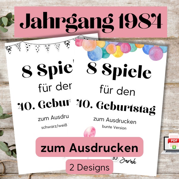 40. Geburtstag Spiele Set zum Ausdrucken, Geburtstagsspiele zum Ausdrucken 1984, 40er Geburtstag Gästespiel PDF, 40. Geburtstag Mann Frau