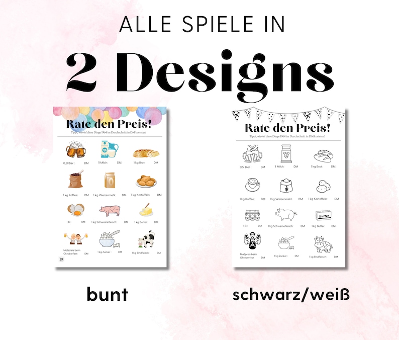 Jedes Spiel bekommst du per Download in 2 Designs: bunt und schwarz-weiß. Schwarz-weiß ist besonders praktisch, wenn du die Spiele kopieren willst oder wenn du keinen Farbdrucker zur Verfügung hast.