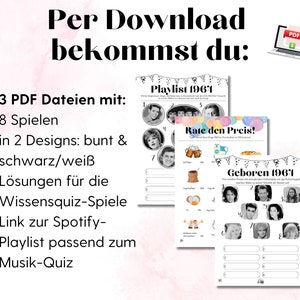 Übersicht: das bekommst du per Download: 3 PDF-Dateien, 8 Partyspiele zum Ausdrucken in 2 Designs, Lösungen für die 5 Quiz-Spiele, Link zur Spotify-Liste, die zum Musik-Quiz gehört