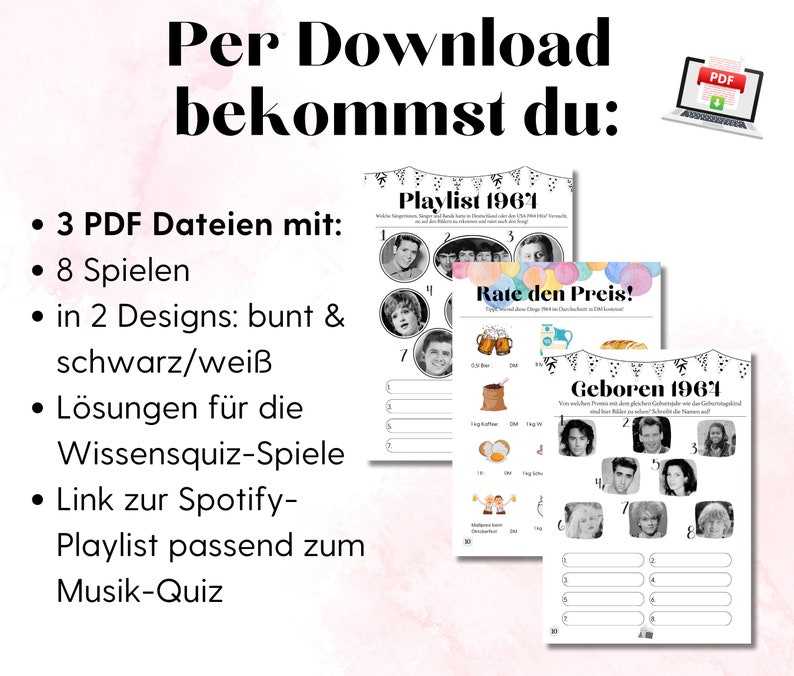 Übersicht: das bekommst du per Download: 3 PDF-Dateien, 8 Partyspiele zum Ausdrucken in 2 Designs, Lösungen für die 5 Quiz-Spiele, Link zur Spotify-Liste, die zum Musik-Quiz gehört