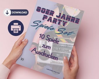 80er Jahre Party Spiele Set zum Ausdrucken, lustige Spiele Ideen für 19080er Mottoparty, 80er Partyspiele PDF, Partyspiele 80er Motto Party