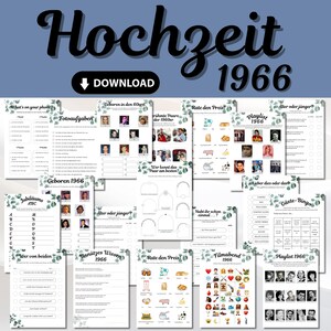 Könnte beinhalten: Eine Sammlung von druckbaren Spielbögen für eine Hochzeit zum Thema 1966, mit verschiedenen Aktivitäten wie Fotoaufgaben, Quiz und Bingo. Das Design beinhaltet dekorative florale Elemente und das Wort "Hochzeit".