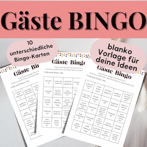 May include: Three printable bingo cards with the title "G&auml;ste Bingo" in German. The cards are designed for a party and feature a variety of prompts like "Find a person who has a book with them" and "Find a person who has flown in a plane".