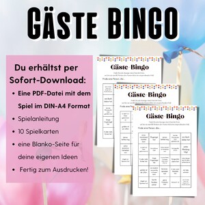 May include: A printable PDF download for a "G&auml;ste Bingo" game. The game includes 10 bingo cards, instructions, and a blank page for creating custom bingo squares. The game is designed to be played at a party or gathering.