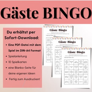 May include: A printable game called "G&auml;ste Bingo" with colorful circles and squares. The game is designed to help people get to know each other better. The game includes instructions and 10 game cards. The game is available for instant download.
