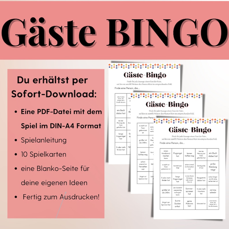May include: A printable game called "G&auml;ste Bingo" with colorful circles and squares. The game is designed to help people get to know each other better. The game includes instructions and 10 game cards. The game is available for instant download.