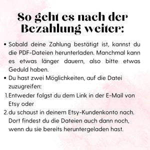 So geht es nach der Bezahlung weiter: du findest den Downloadlink in deinem Kundinnenkonto und in einer Mail von Etsy.