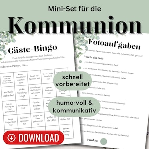 May include: A printable party game set for a Communion celebration. The set includes a Bingo game and photo challenges. The design features a green and white color scheme with floral accents and the word "DOWNLOAD" in a red circle.