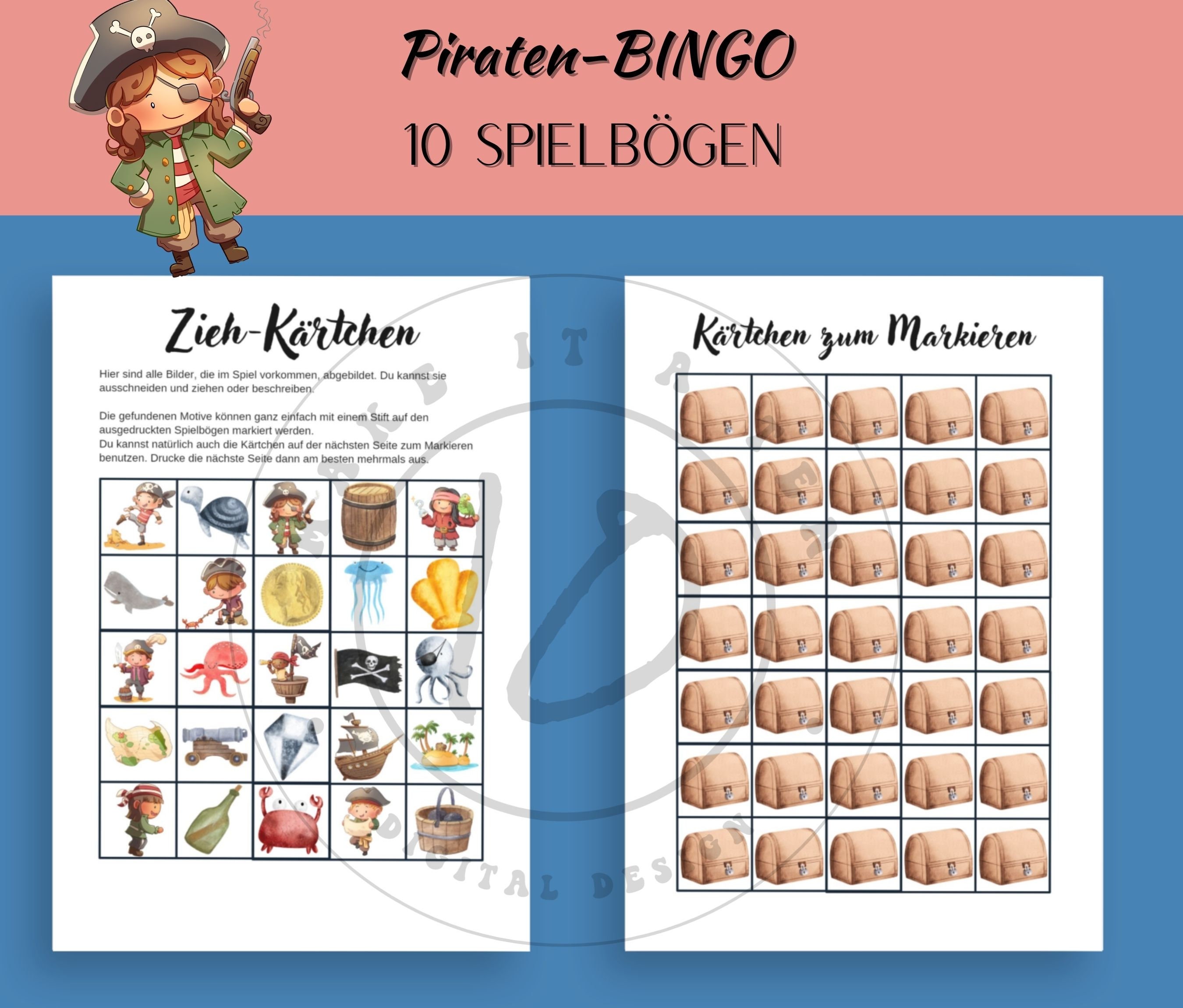 Bingo für Kinder, Piraten Bingo Karten zum Ausdrucken PDF, Kindergarten