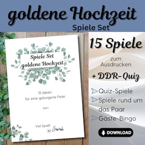 Könnte beinhalten: Ein weißes, druckbares Spielset mit dem Titel "goldene Hochzeit" mit Text und floralen Akzenten. Das Set enthält 15 Ideen für eine gelungene Feier, ein DDR-Quiz und verschiedene Spiele. Das Design verfügt über eine Download-Schaltfläche.