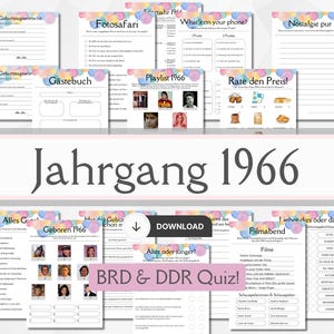 Könnte beinhalten: Eine Sammlung druckbarer Partyspiele und -aktivitäten zum Thema 1966. Die Seiten zeigen farbenfrohe Aquarellballon-Akzente und enthalten Spiele wie "Playlist 1966" und "Rate den Preis!". Der Titel "Jahrgang 1966" ist deutlich sichtbar.