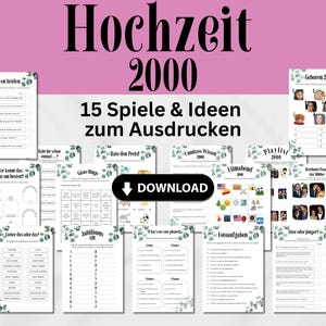 Silver Wedding 2000 - spelset om af te drukken met 15 spellen en ideeën in het Duits, tafelspel Silver Wedding, gastenbingo PDF, quizspellen