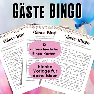 May include: A printable bingo card game with the title "G&auml;ste Bingo" in German. The card has a pink square in the center that says "10 unterschiedliche Bingo-Karten" and "blanko Vorlage f&uuml;r deine Ideen". The card has squares with various prompts like "gro&szlig;er ist als 1.90m", "Sommer-sprossen hat", "pinke Kleidung tr&auml;gt", "bei der Planung der Feier geholfen hat", "ein Buch dabei hat", "Kaugummi dabei hat", "Flugangst hat", "keinen Kaffee mag", "schon einmal im Fernsehen war", "schon l&auml;nger als 25 Jahre verheiratet", "in einer Band, Orchester, Chor ist", "Angst vor Spinnen hat", "mit links schreibt", "einen Handstand machen kann", "ein Gedicht auswendig aufsagen kann", "bunte Socken anhat", "mehr als 5 Kinder hat", "towiert".