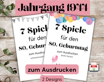 80th birthday games in German to print out, party games set 80th birthday man woman, birthday games 1944, quiz ideas party games