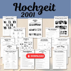 Spelset för silverbröllopsdag 2026 på tyska med 15 spel, idéer och aktiviteter att skriva ut, utskrivbar PDF för bröllopsdag 2001