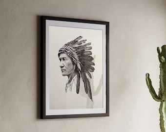 Native American Chief Poster, Western Wall Art, Western Home Decor, Cowboys and Indians, Southwestern Art, Illustration, Ranch Home Decor
