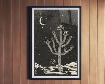 Joshua Tree Block Print Poster, Western Dekor, südwestliches Design, Wüstenlandschaft, schwarz und weiß Wandkunst, minimalistisch, vielseitig Boho