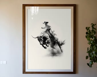 Bullrider Illustration Print, Western Decor, Southwestern Art, Cowboy Wall Art, Rodeo Bull Riding, Modern Ranch, Cabin Lodge Decor, Poster