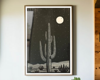 Saguaro Cactus Block Print Poster, Western Decor, Southwestern Wall Art, Desert Landscape, Black and White, Minimalist, Eclectic Boho Art