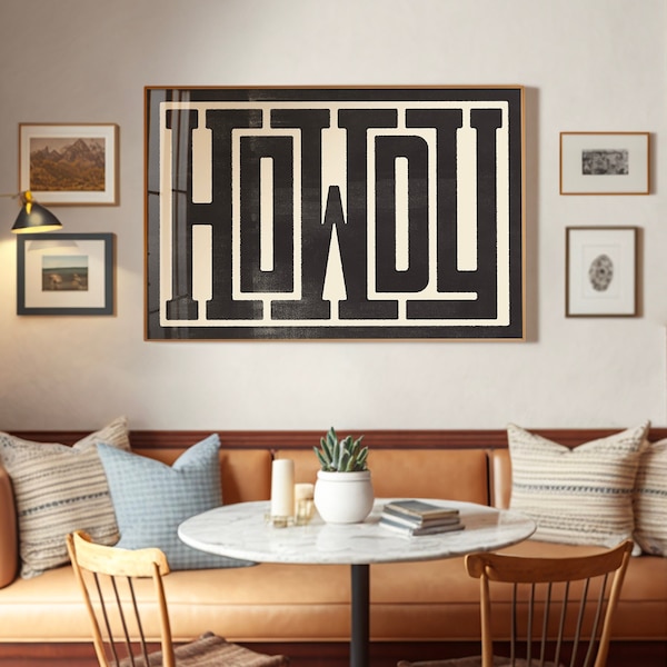 Howdy tipografía arte impresión, decoración occidental, arte de la pared del suroeste, cartel de diseño moderno, arte casero del sur, diseño tipográfico, decoración de la pared del rancho