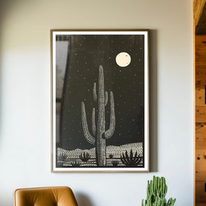 Saguaro Cactus Block Print Poster, Western Decor, Zuidwestelijke Muurkunst, Woestijnlandschap, Zwart en Wit, Minimalistisch, Eclectische Boho Kunst