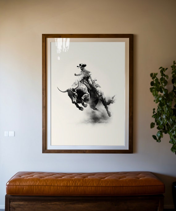 Bullrider Illustration Print, Western Decor, Southwestern Art, Cowboy Wall Art, Rodeo Bull Riding, Modern Ranch, Cabin Lodge Decor, Poster