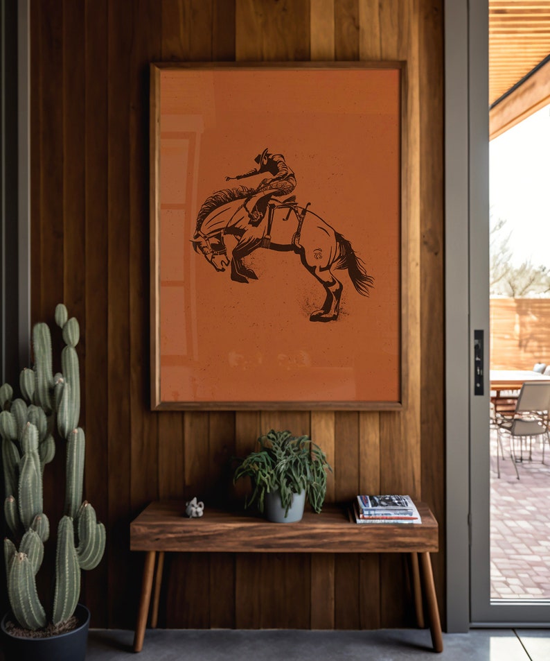 Bucking Bronco Graphic Print, Southwestern & Western Room Decor, Cowboy Wall Art, Modern Eclectic Poster, Boho Wall Art, Illustration Print image 1