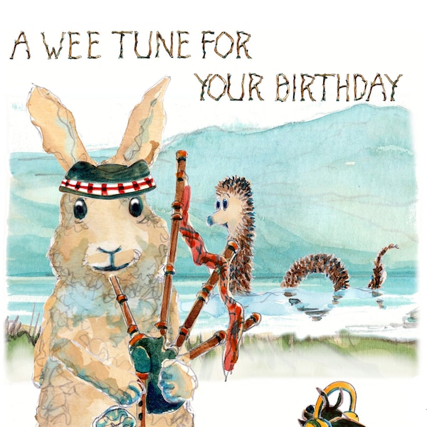 Happy Birthday card. A wee tune for your birthday. a Scottish rabbit piper and Loch Ness monster. This can be personalised. No. 2536