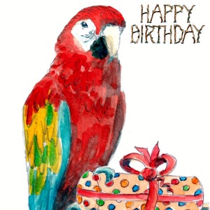 3310 perroquet JOYEUX ANNIVERSAIRE, ara coloré avec un cadeau. Oiseau tropical parlant en cage comme animal de compagnie Peut être personnalisé.